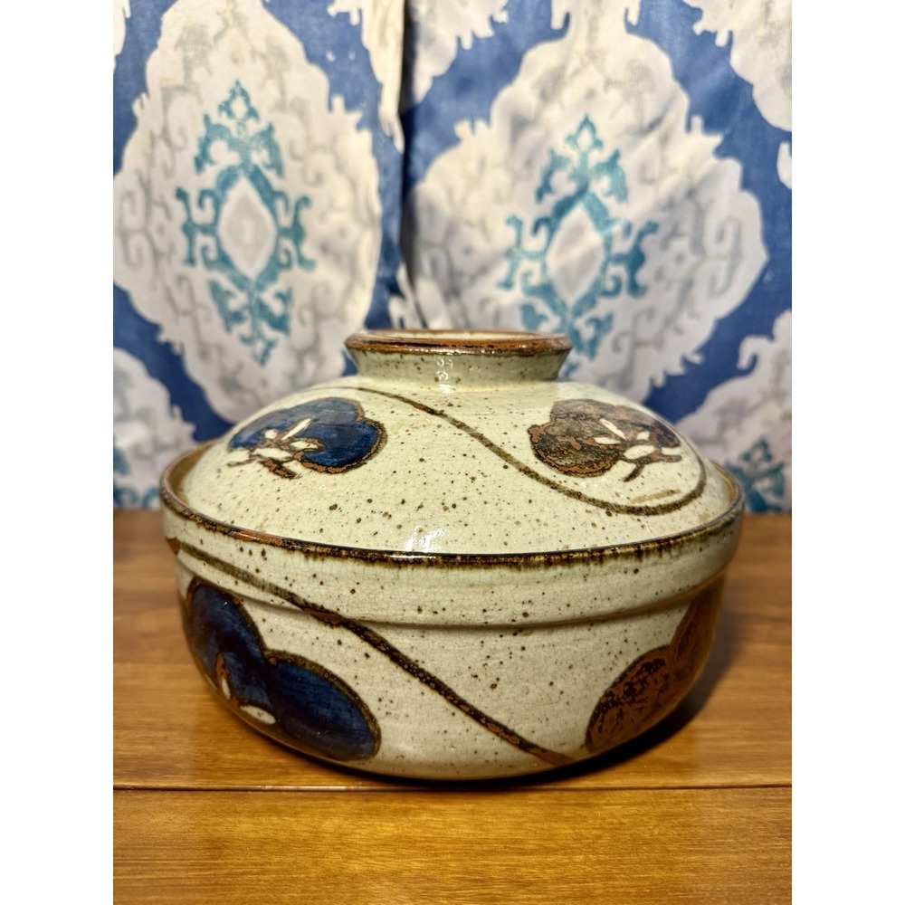 Vintage MCM Otagiri Japanese Blue and Brown Stoneware Lidded Casserole Dish
